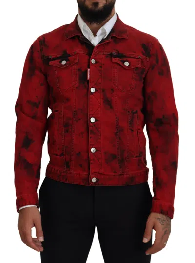 Dsquared² Red Black Tie Dye Collared Men Denim Men's Jacket In Black And Red