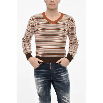 Dsquared2 Striped Cotton Blend V-neck Sweater