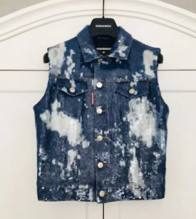 Pre-owned Dsquared2 €1,975  Blue Distressed Denim Sequin Sleeveless Jacket Gilet - Italy