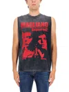 Dsquared2 D2 X Magliano Black Crew Neck Top With Logo Lettering And Front Print In Cotton Man In Gray