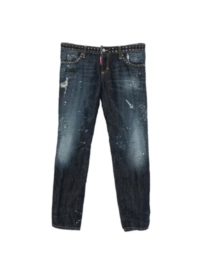 Pre-owned Dsquared2 2000s Stud-embellished Distressed-effect Jeans In Blue