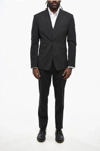 Dsquared2 3-piece Wool Blend Suit With Pinstriped Design In Black