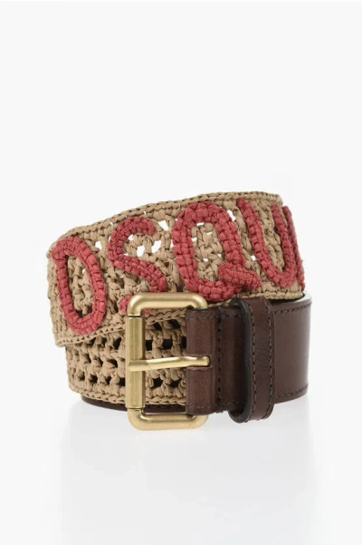 Dsquared2 40mm Raffia Belt With Embossed Logo In Metallic