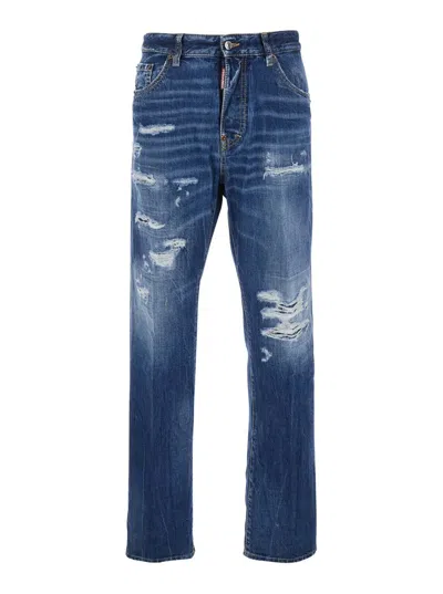 DSQUARED2 '642' BLUE JEANS WITH ALL-OVER RIPPED DETAILS AND LOGO PATCH ON THE REAR IN DENIM MAN