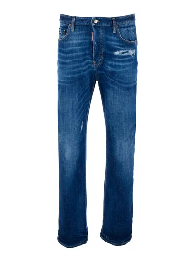 Dsquared2 Men Blue Jeans With Ripped Details And Logo Patch On The Rear In Denim Man