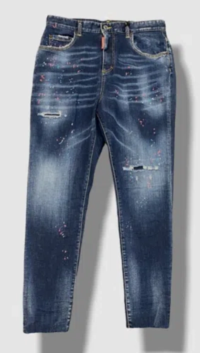 Pre-owned Dsquared2 $820  Women's Blue Splatter Distressed Twiggy Jeans Pants Size 40
