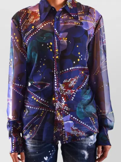 Dsquared2 Abstract Print Collared Neck Long Sleeves Sheer Fabric In Blue
