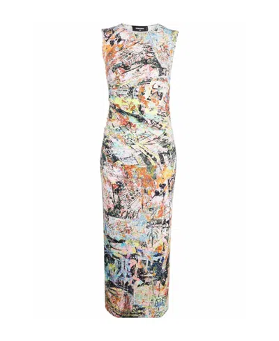 Dsquared2 Abstract-print Gathered-detail Midi Dress In Multi