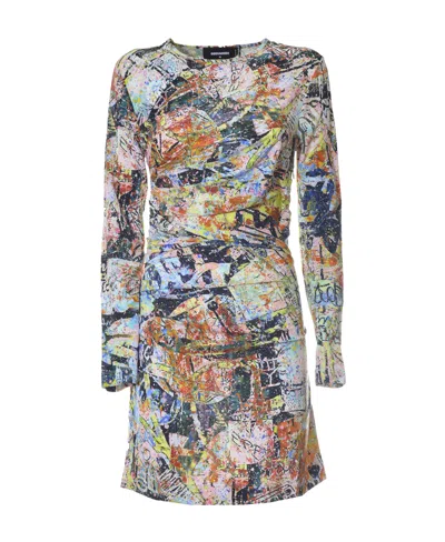 Dsquared2 Abstract-print Long-sleeve Dress In Multi
