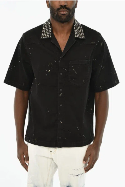 Dsquared2 Acid Wash Effect Denim Overshirt With Studs Collar In Black