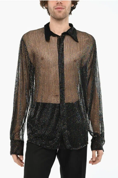 Dsquared2 All-over Rhinestone Sheer Shirt In Black