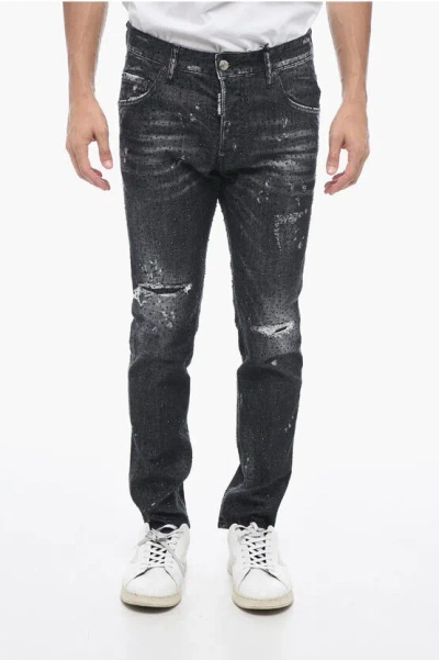 DSQUARED2 ALL-OVER RHINESTONED SKATER FIT DENIMS 14CM