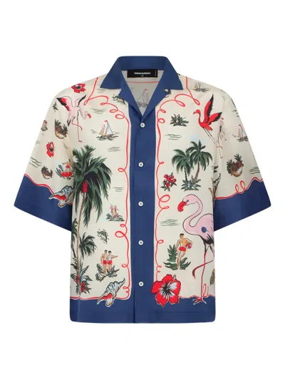 Dsquared2 Aloha Souvenir Silk Bowling Shirt In Multicolor In Blue