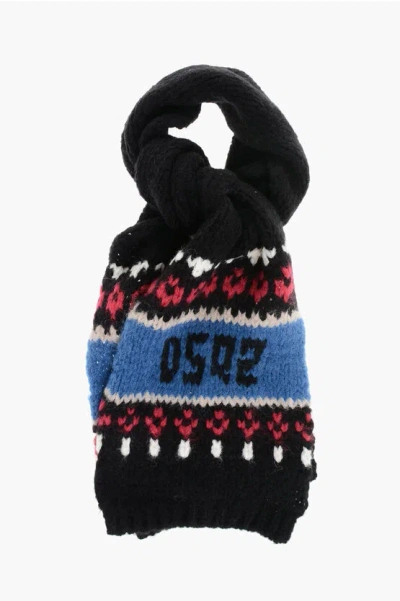 Dsquared2 Alpaca Blend Scarf With Fairisle Motif In Black