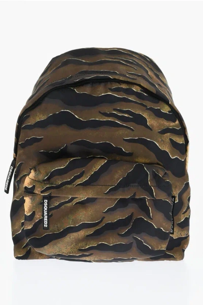 Dsquared2 Animal Patterned Fabric Backpack With Leather Trims