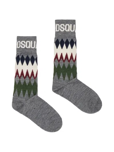 Dsquared2 Kids' Argyle-intarsia Logo-knit Socks In Gray