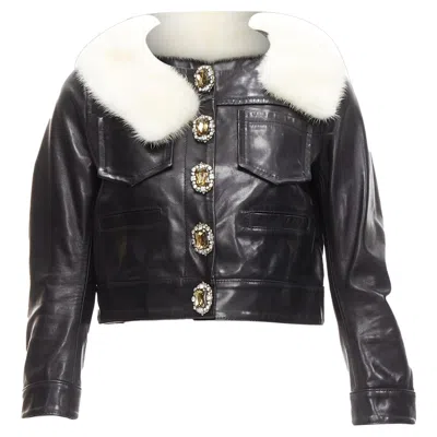 Pre-owned Dsquared2 Asymmetric Fur Collar Jewel Button Leather Jacket In Black