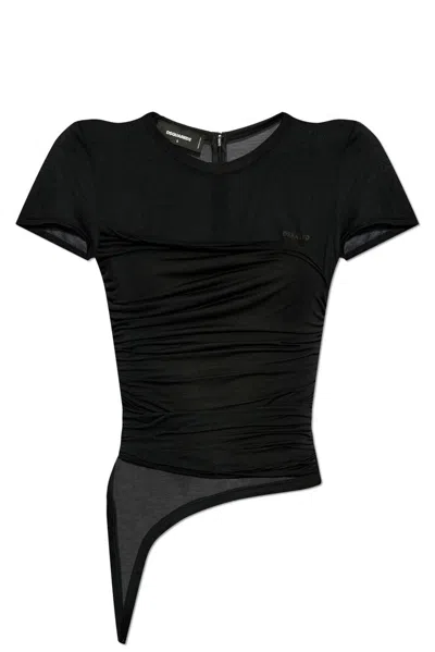 Dsquared2 Asymmetric Semi-sheer T-shirt In Black