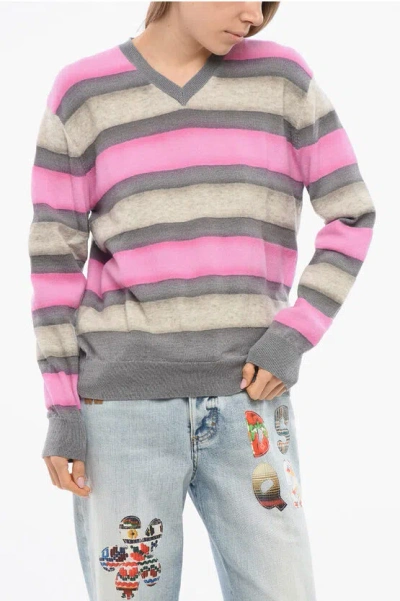Dsquared2 Balanced Stripe Wool Blend Sweater With V Neck In Multi