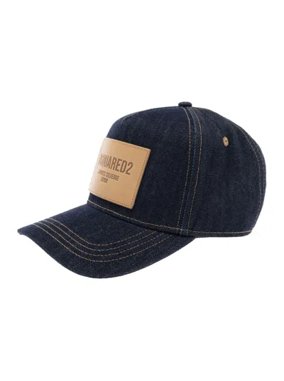 DSQUARED2 BLUE BASEBALL CAP WITH LOGO PATCH ON THE FRONT AND LOGO LETTERING ON THE REAR IN DENIM MAN