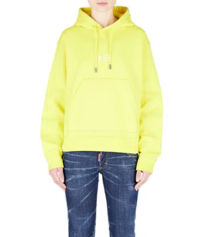 Dsquared2 Be Icon Logo Printed Drawstring Hoodie In Yellow