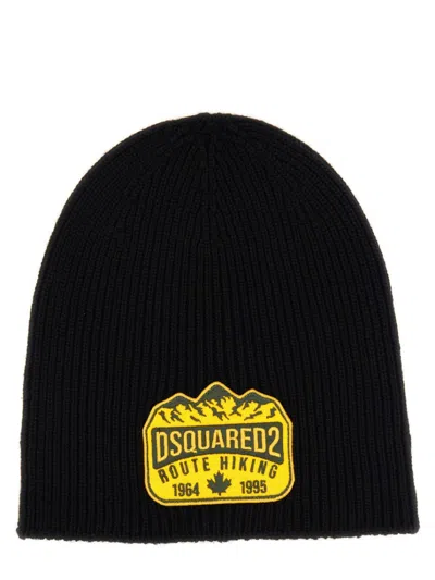 Dsquared2 Logo-patch Ribbed-knit Beanie Hat In Black