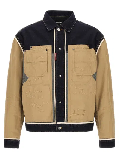 Dsquared2 Beige Color Block Shirt Collar Jacket In Brown
