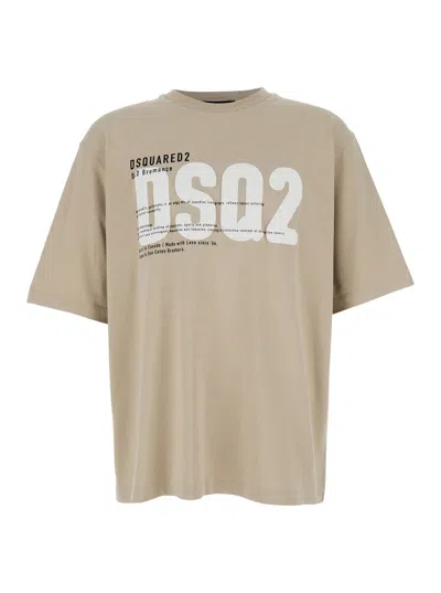 Dsquared2 Beige Crewneck T-shirt With Maxi Logo Print On The Front In Cotton Man In Multicolor