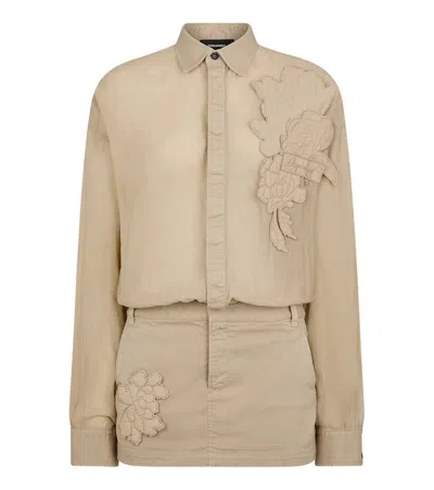 Dsquared2 Beige Embroidered Shirt Collar Mini Dress In Neutral