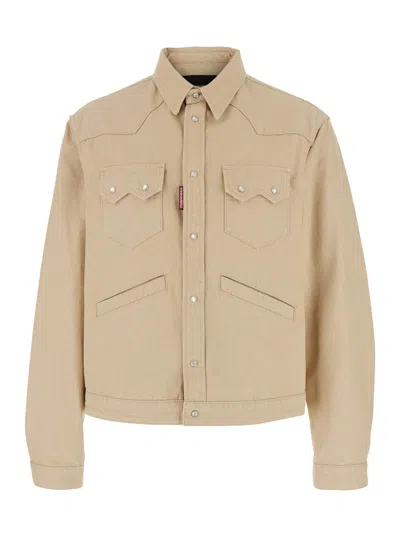 Dsquared2 Beige Jacket With Classic Collar And Front Patch Pockets In Cotton Man In Brown