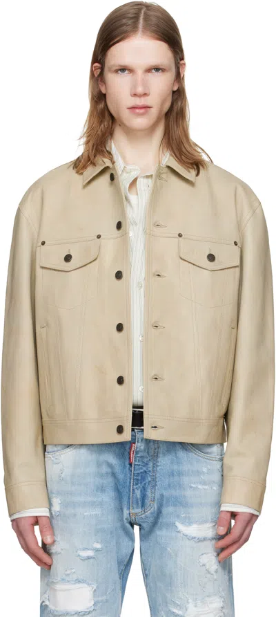 Dsquared2 Beige Leather Jean Jacket In Neutral