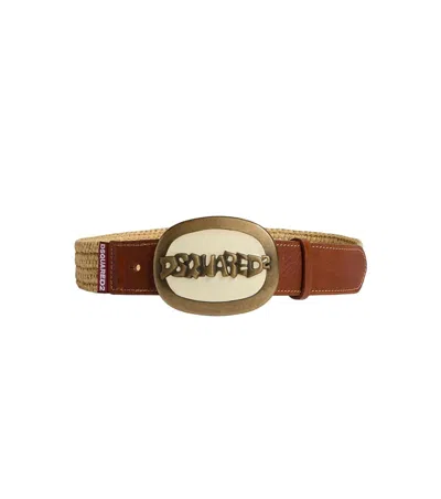 Dsquared2 Logo-buckle Raffia Belt In Brown