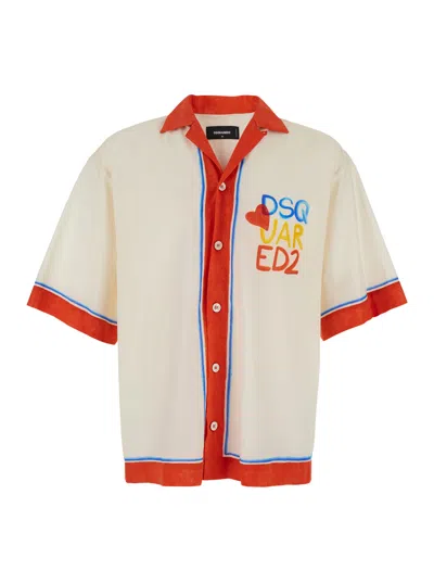 Dsquared2 Beige Shirt With Cuban Collar And Printed Logo On The Front In Cotton Man In Neutrals
