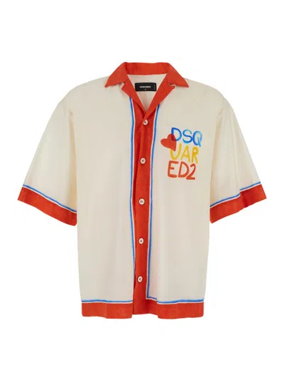 DSQUARED2 WHITE BOWLING SHIRT WITH CUBAN COLLAR AND PRINTED LOGO ON THE FRONT IN COTTON MAN