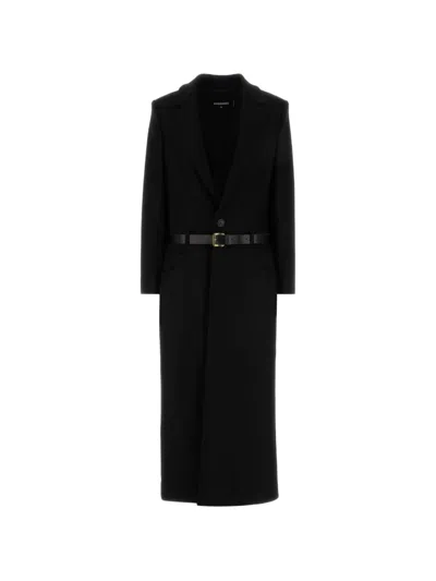 Dsquared2 Stretch Wool Blend Tailored Coat Belted In Black