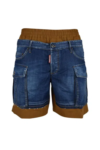 Dsquared2 Bi-material Cargo-style Shorts With Elastic Waistband In Blue