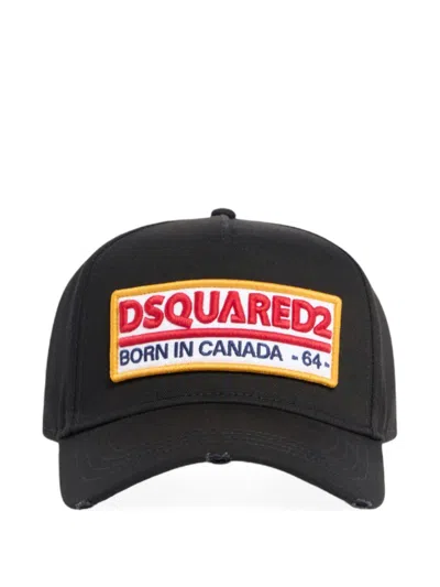 DSQUARED2 BLACK BASEBALL CAP WITH BOLD PATCH AND ADJUSTABLE STRAP