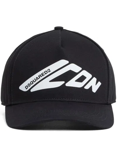 Dsquared2 Black Baseball Cap With Maxi Print On The Front And Logo Lettering On The Rear In Cotton Man