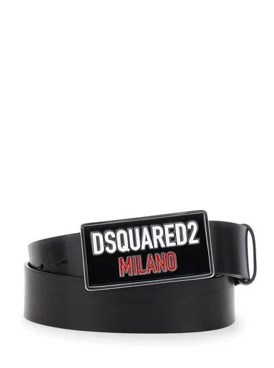 DSQUARED2 BLACK BELT WITH LOGO PLAQUE ON THE FRONT IN LEATHER MAN
