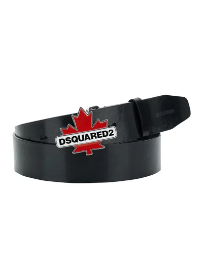 Dsquared2 Black Belt With Maple Leaf Buckle In Leather Man