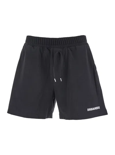 Dsquared2 Black Bermuda With Elastic Waist And Drawstring And Logo On The Front In Cotton Man