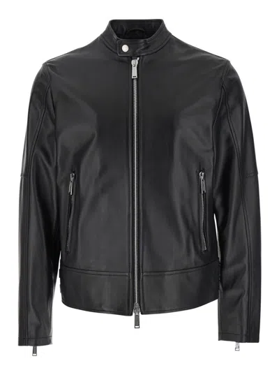 DSQUARED2 BLACK BIKER JACKET WITH MANDARIN COLLAR AND WAIST STRAPS IN LEATHER MAN