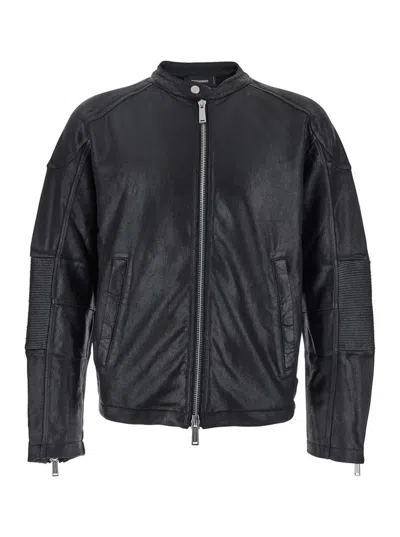 DSQUARED2 BLACK BIKER JACKET WITH ZIP CLOSURE AND TWINBRO LOGO IMPRINTED ON THE BACK