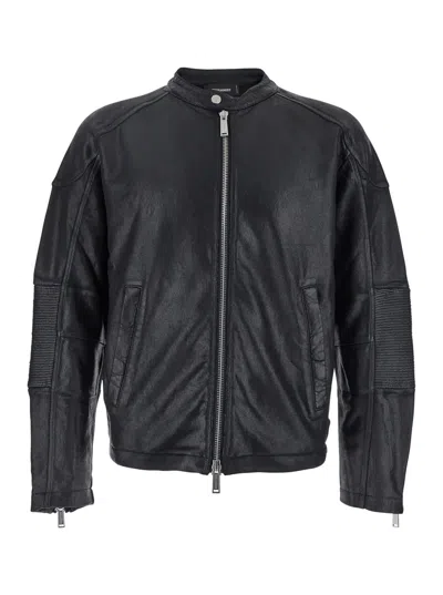 DSQUARED2 BLACK BIKER JACKET WITH ZIP CLOSURE AND TWINBRO LOGO IMPRINTED ON THE BACK IN LEATHER MAN