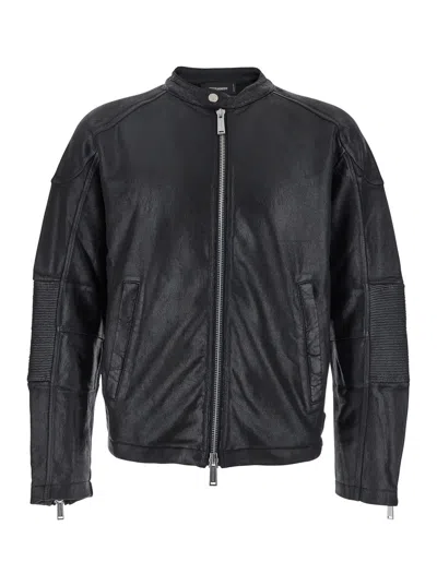 Dsquared2 Black Biker Jacket With Zip Closure And Twinbro Logo Imprinted On The Back In Leather Man
