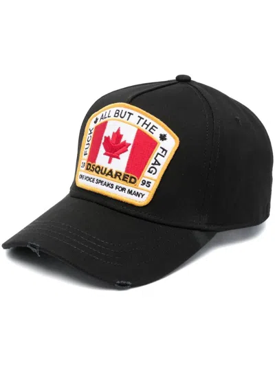 Dsquared2 Black Cotton Cap With Distressed Finish And Icon Motif