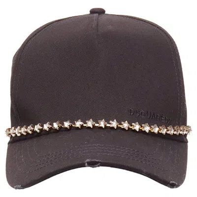 Pre-owned Dsquared2 Black Cotton Clear Star Crystals Dean Dan Caten Cap