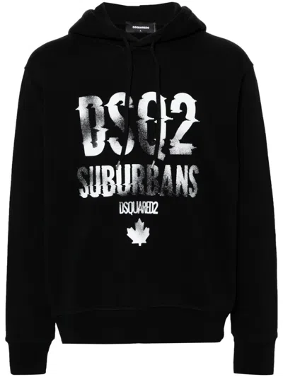Dsquared2 Black Cotton Hoodie With Logo Print For Men