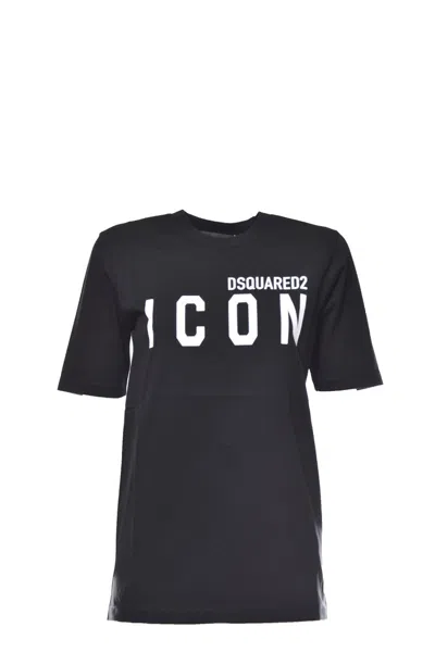DSQUARED2 BLACK COTTON ICON T-SHIRT WITH PRINT