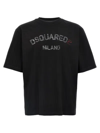 DSQUARED2 BLACK COTTON JERSEY T-SHIRT WITH FADED PRINT